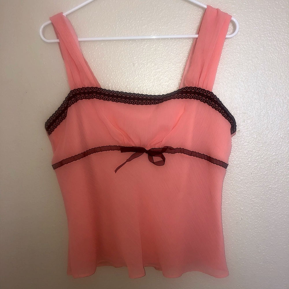 Y2K VINTAGE BLACK PINK LACE TANKTOP FLOWY SLIP SIZE 12 KARIN STEVENS COTTAGECORE